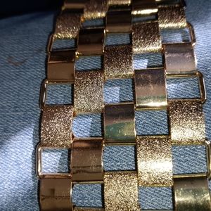 Yellow Gold Tone Wide (over 2") Brushed & Gloss Bracelet Impressive Size Design